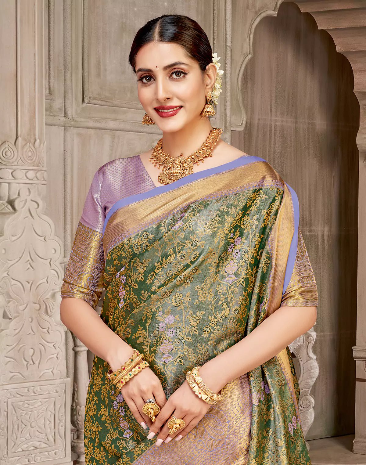 Image of Dark Green Floral with Birds Design Tissue Jaal Semi Silk Copper Zari Border Saree - South India Shopping Mall