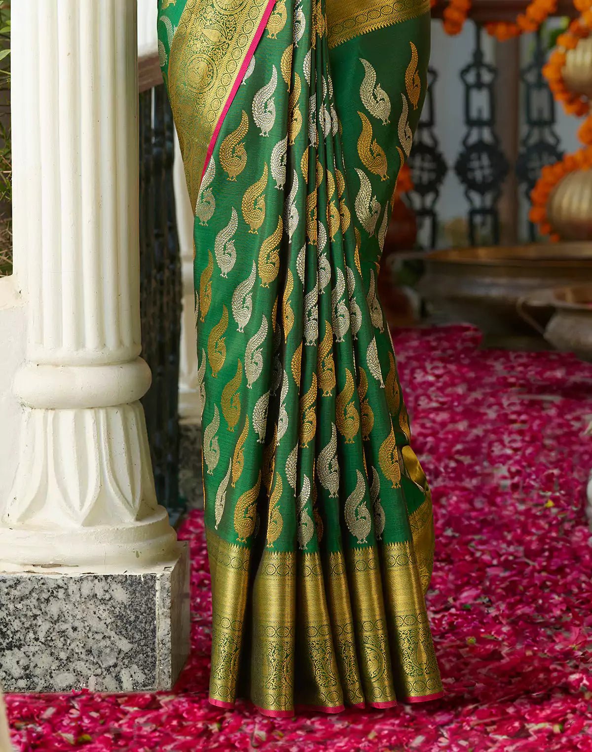 Image of Dark Green Golden and Silver Butta Kanjivaram Pure Silk Saree - South India Shopping Mall