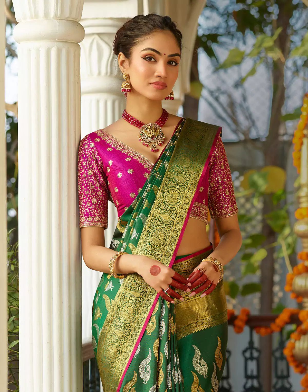 Image of Dark Green Golden and Silver Butta Kanjivaram Pure Silk Saree - South India Shopping Mall