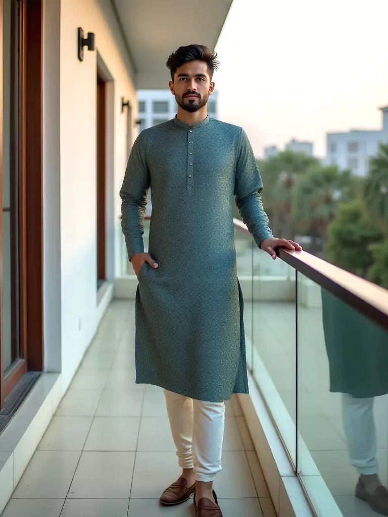 Image of Dark Green Self Highlighted Jacquard Kurta Pyjama Set - South India Shopping Mall