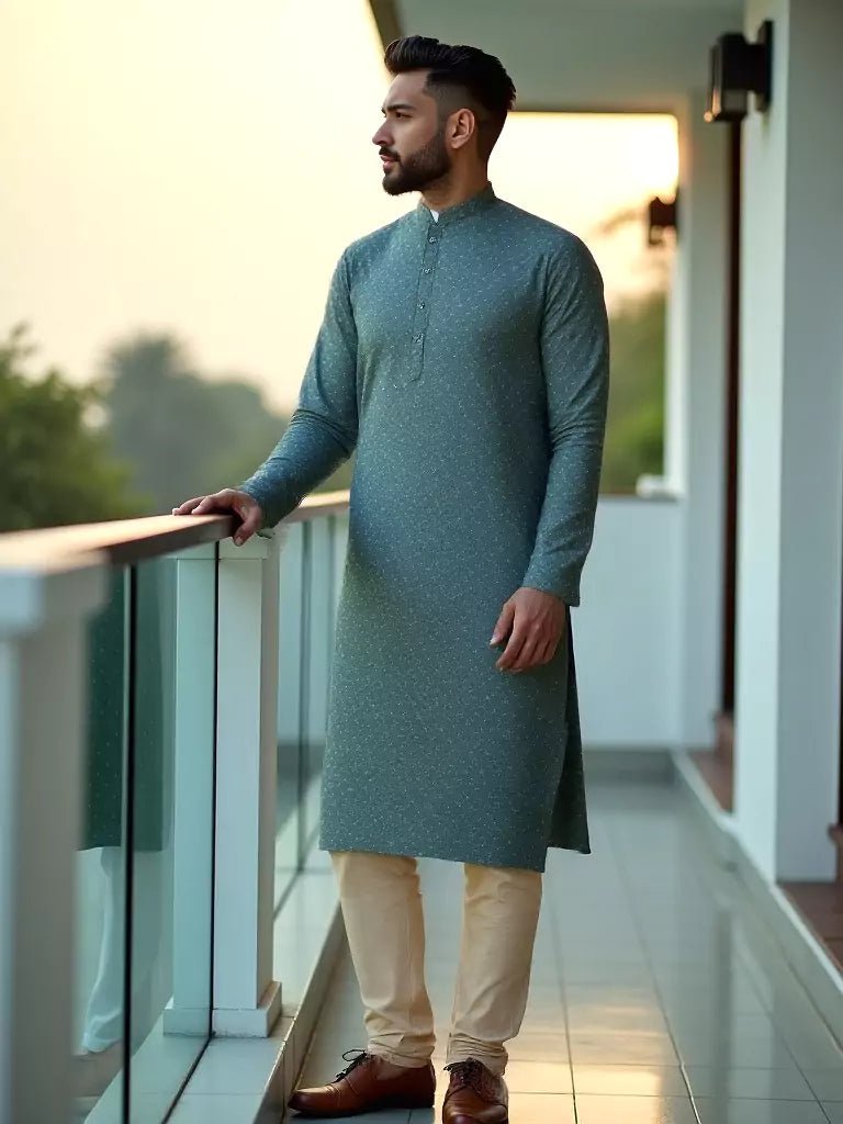 Image of Dark Green Self Highlighted Jacquard Kurta Pyjama Set - South India Shopping Mall