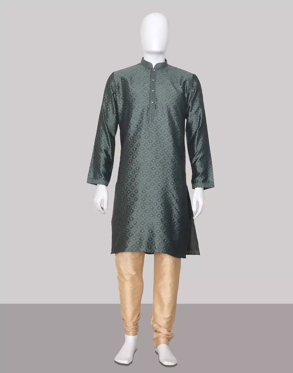 Image of Dark Green Self Highlighted Jacquard Kurta Pyjama Set - South India Shopping Mall