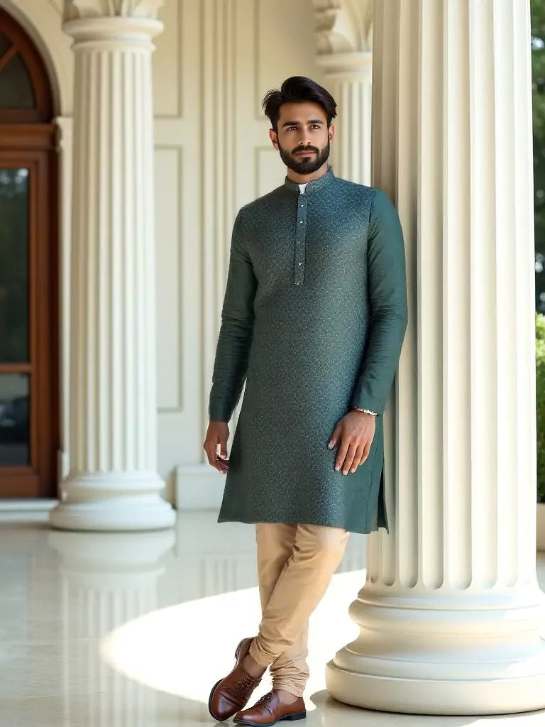 Image of Dark Green Self Highlighted Jacquard Kurta Pyjama Set - South India Shopping Mall