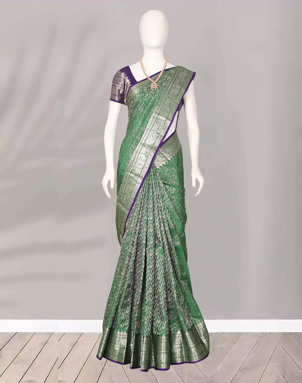 Image of Dark Green Silver Paisely Zari work Kanchi Pattu Silk Saree - South India Shopping Mall