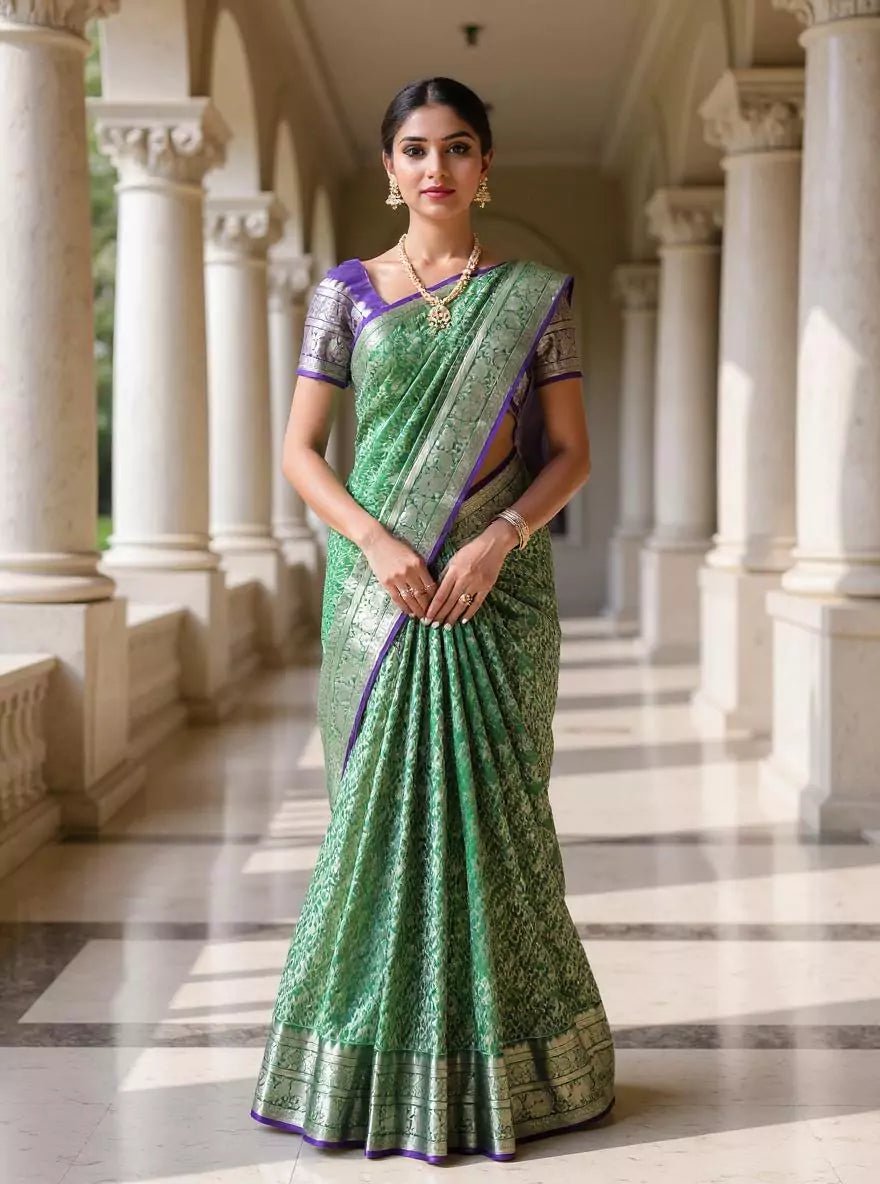 Image of Dark Green Silver Paisely Zari work Kanchi Pattu Silk Saree - South India Shopping Mall