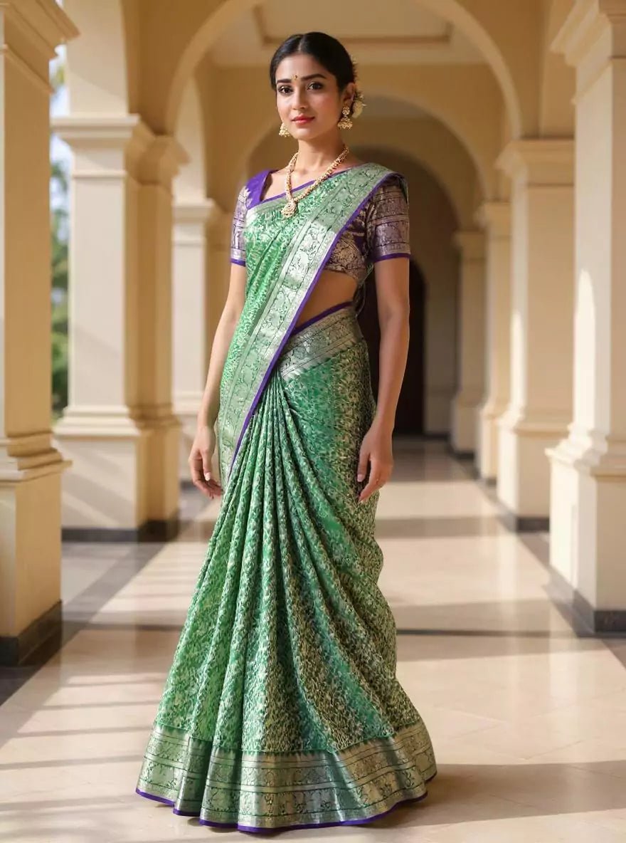 Image of Dark Green Silver Paisely Zari work Kanchi Pattu Silk Saree - South India Shopping Mall