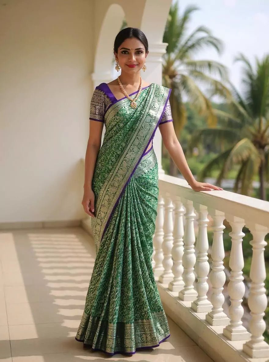 Image of Dark Green Silver Paisely Zari work Kanchi Pattu Silk Saree - South India Shopping Mall