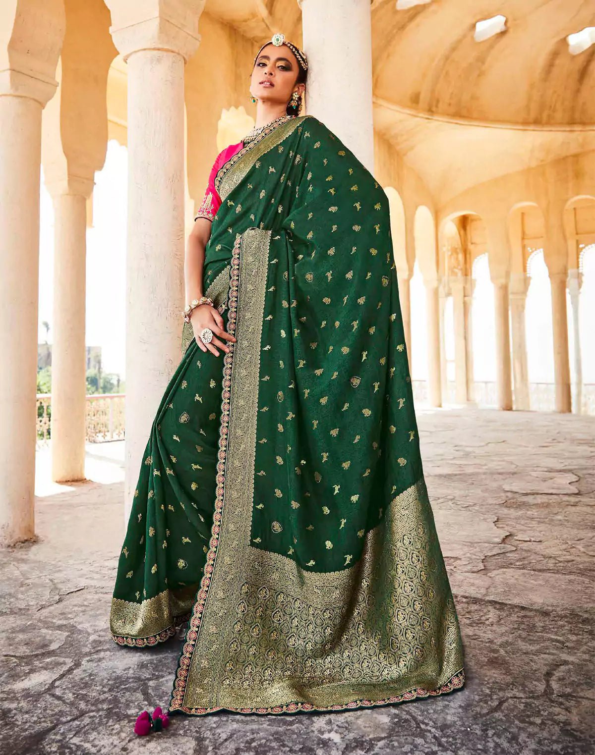 Dark Green Woven Banarasi Dola Silk Saree With Pink Embroidered Blouse - South India Shopping Mall