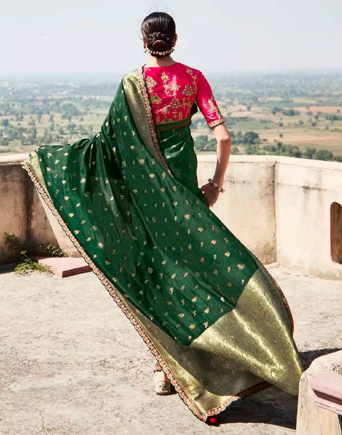 Image of Dark Green Woven Banarasi Dola Silk Saree With Pink Embroidered Blouse - South India Shopping Mall