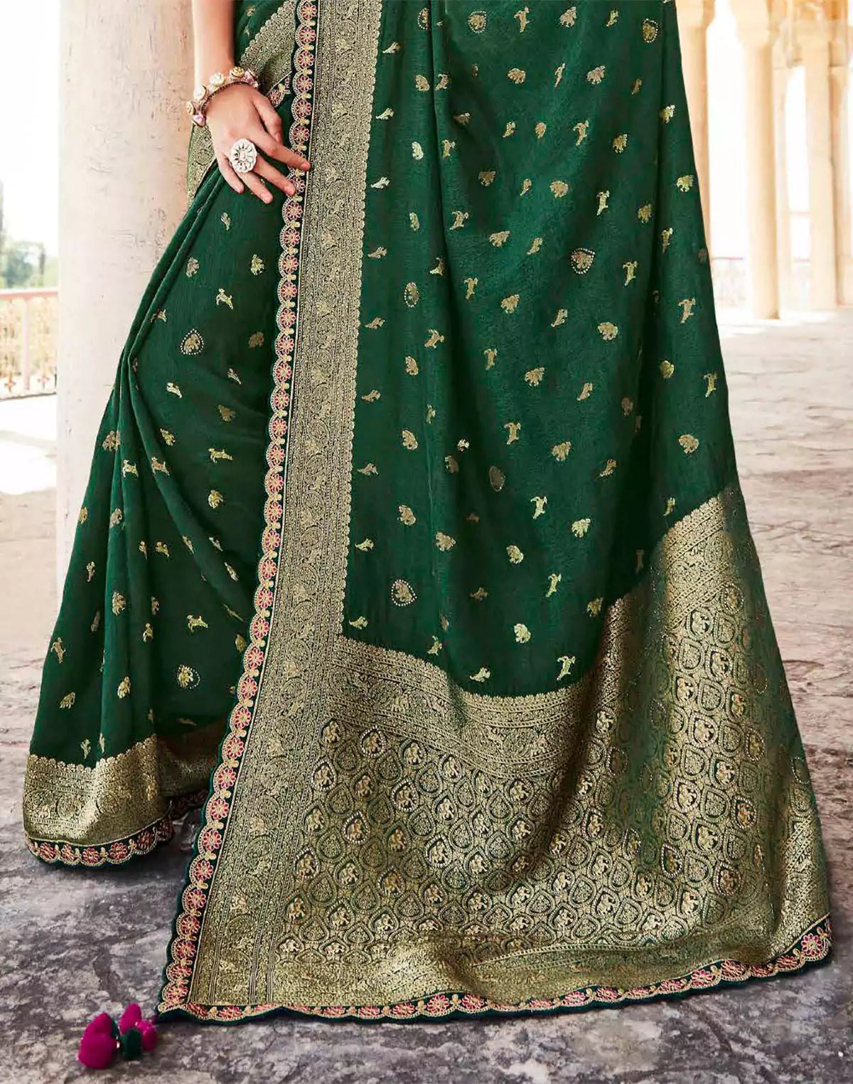 Image of Dark Green Woven Banarasi Dola Silk Saree With Pink Embroidered Blouse - South India Shopping Mall