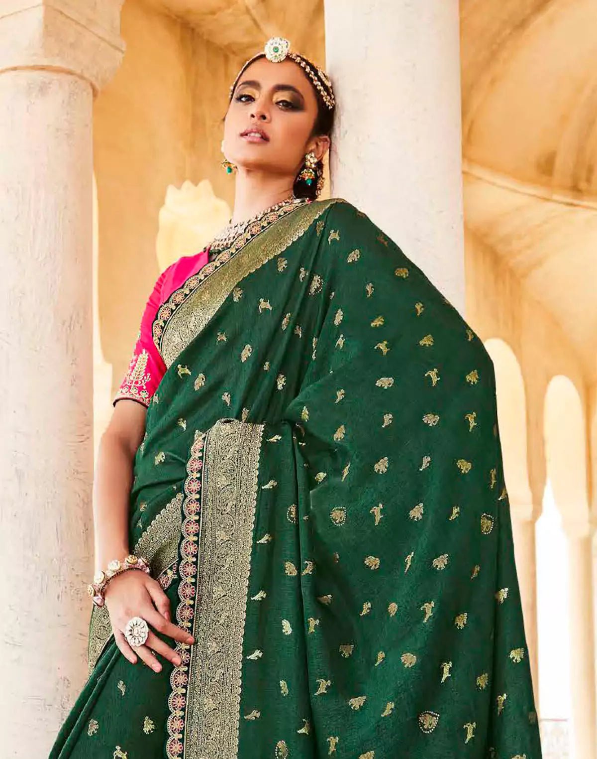 Image of Dark Green Woven Banarasi Dola Silk Saree With Pink Embroidered Blouse - South India Shopping Mall