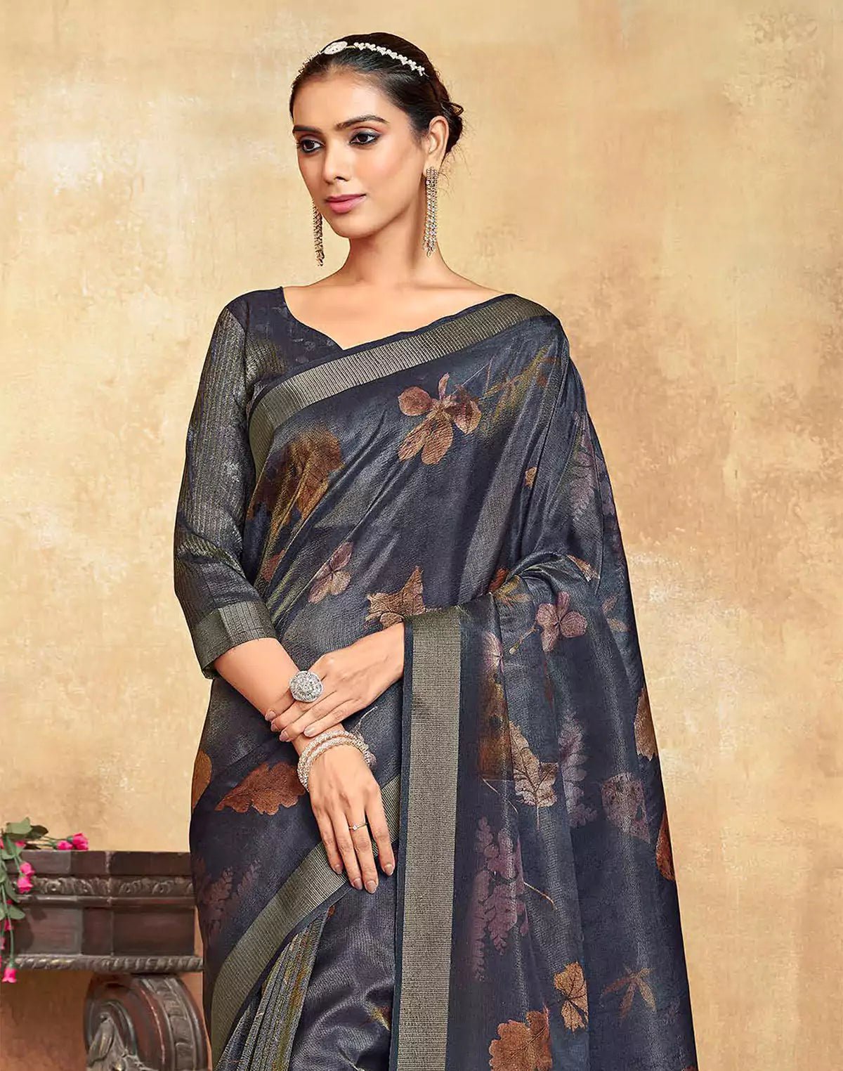 Image of Dark Grey Botanical Print Dola Silk Saree - South India Shopping Mall