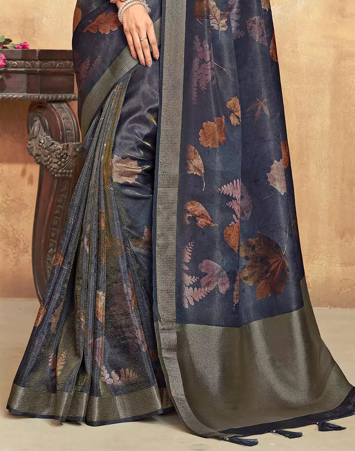 Image of Dark Grey Botanical Print Dola Silk Saree - South India Shopping Mall