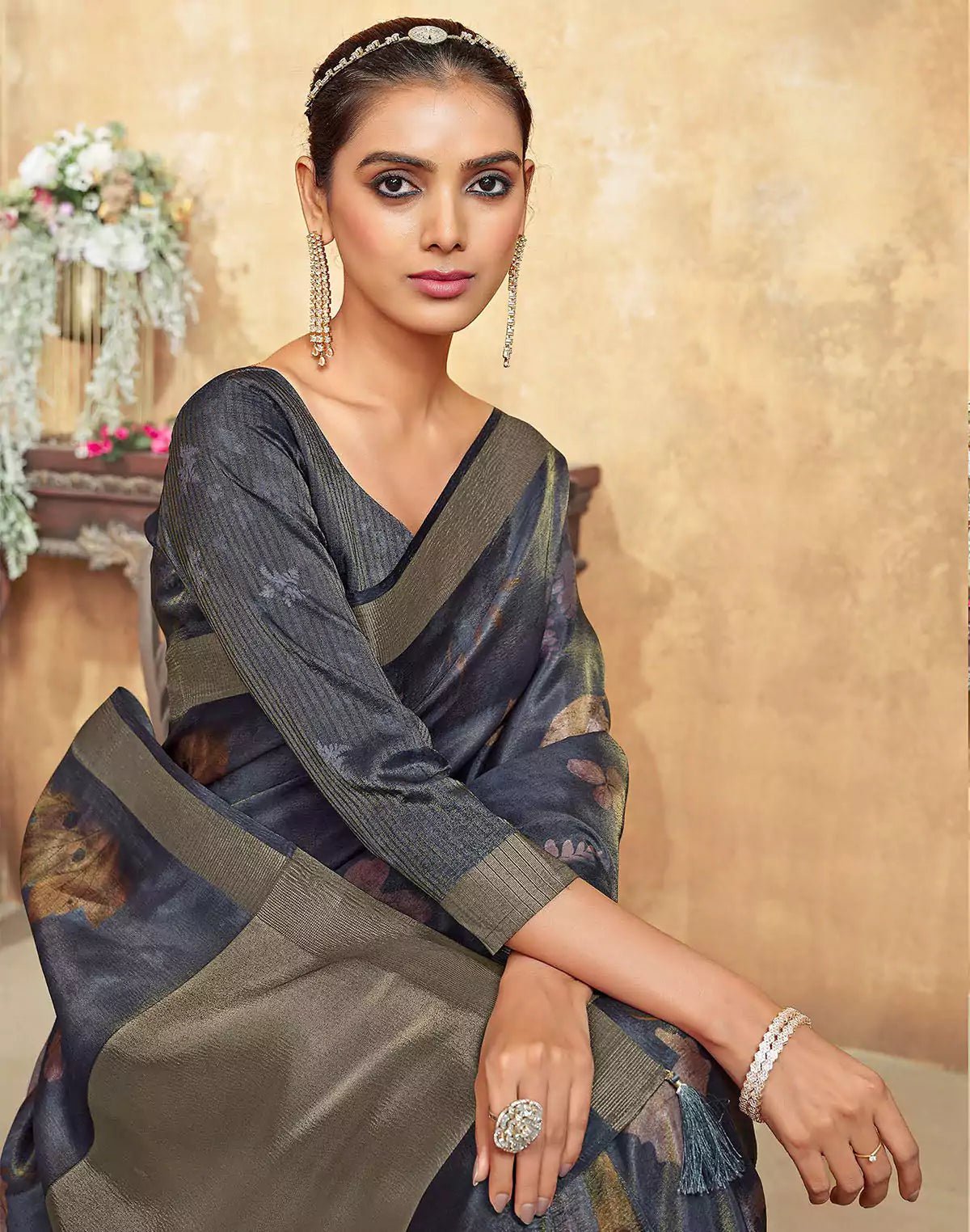 Image of Dark Grey Botanical Print Dola Silk Saree - South India Shopping Mall