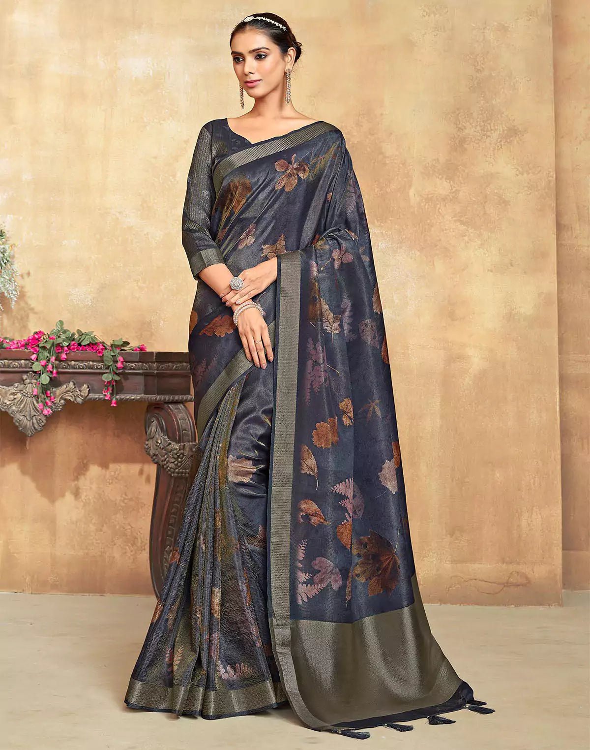 Image of Dark Grey Botanical Print Dola Silk Saree - South India Shopping Mall