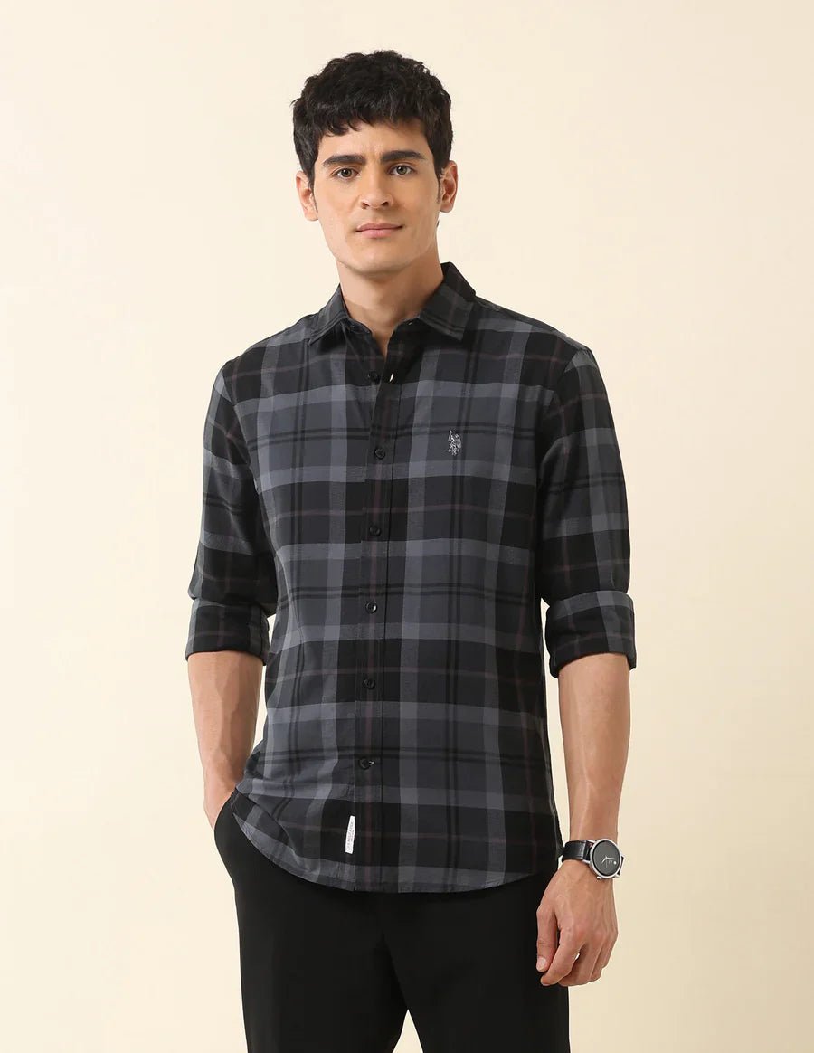 Image of Dark Grey Checkered Spread Collar Cotton Men Shirt - South India Shopping Mall