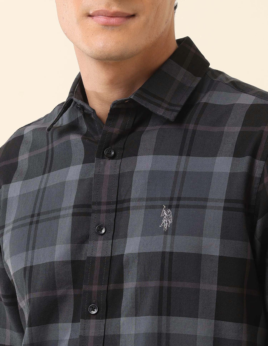 Image of Dark Grey Checkered Spread Collar Cotton Men Shirt - South India Shopping Mall