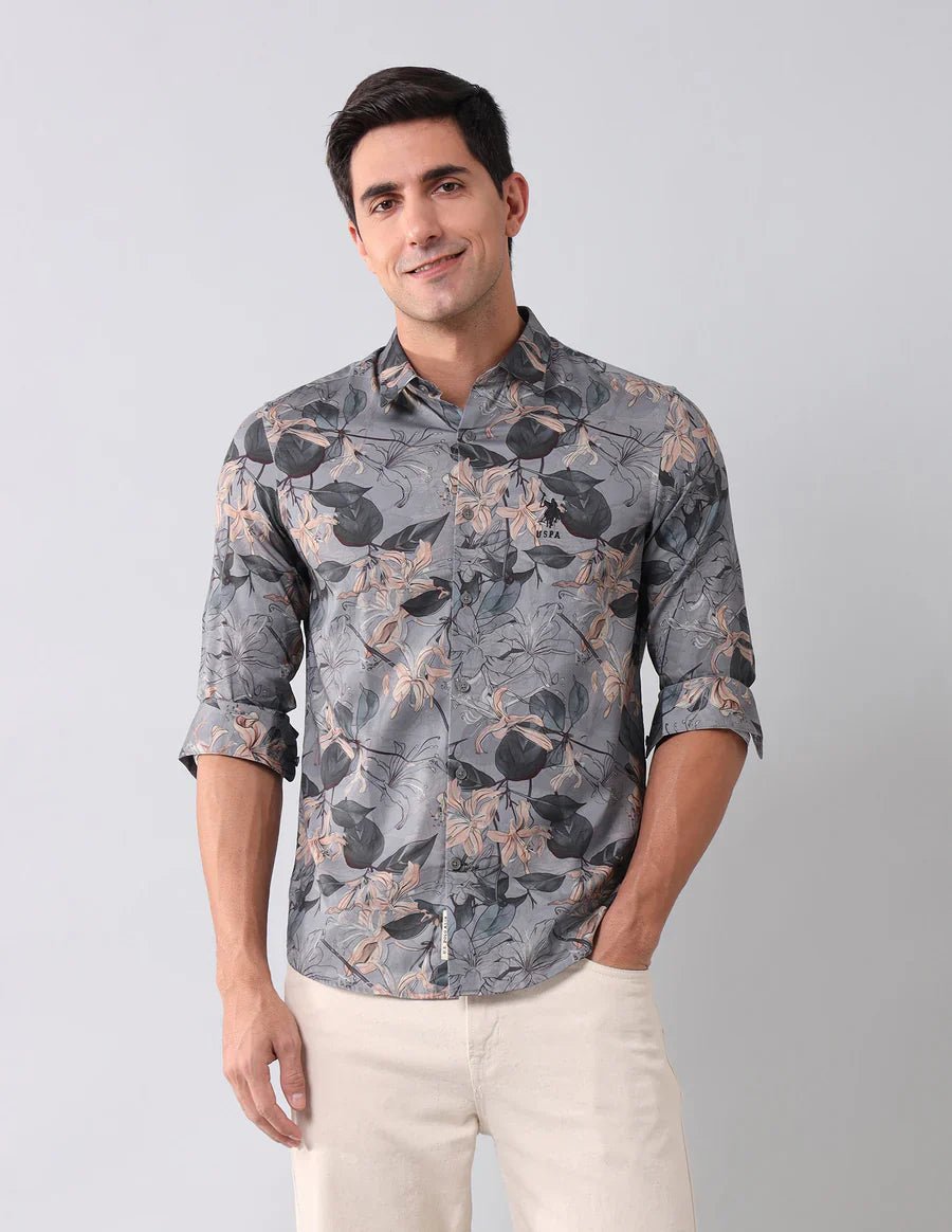 Image of Dark Grey Digital Floral Printed Cotton Blend Casual Shirt - South India Shopping Mall