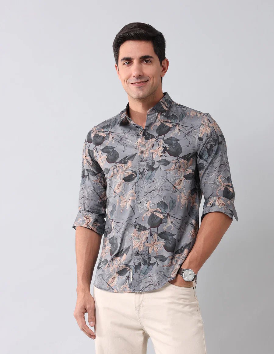Image of Dark Grey Digital Floral Printed Cotton Blend Casual Shirt - South India Shopping Mall