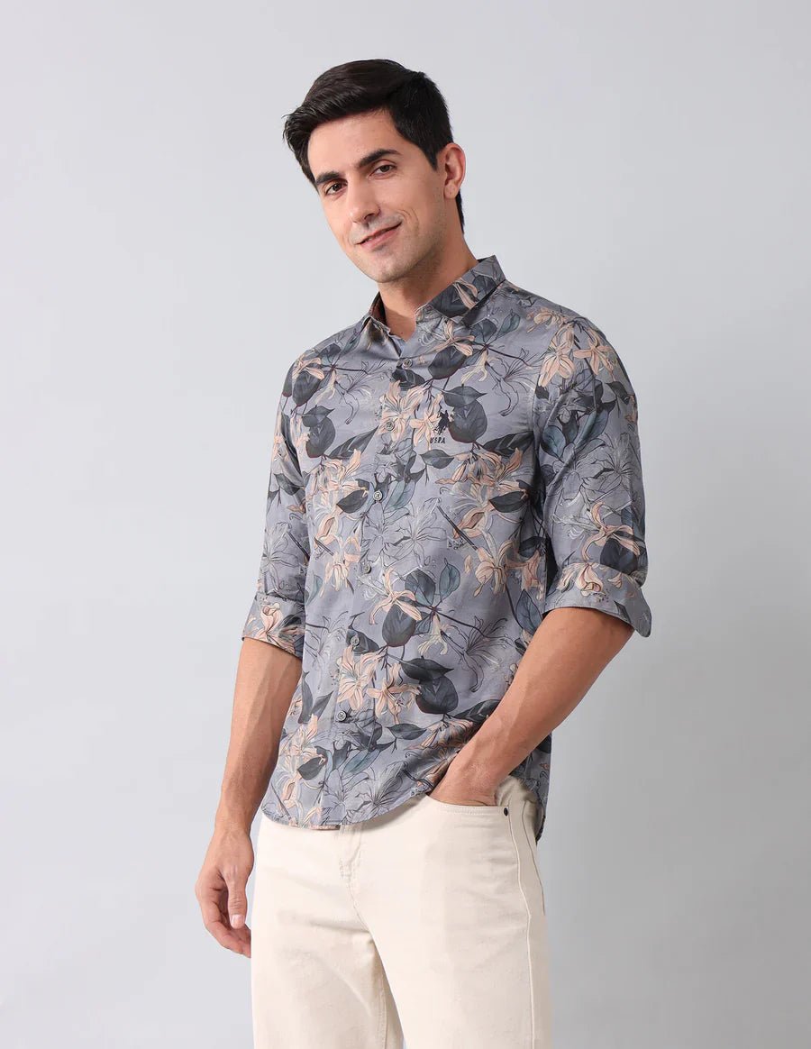 Image of Dark Grey Digital Floral Printed Cotton Blend Casual Shirt - South India Shopping Mall