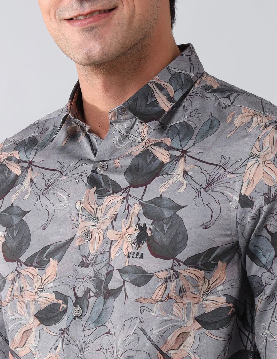 Image of Dark Grey Digital Floral Printed Cotton Blend Casual Shirt - South India Shopping Mall