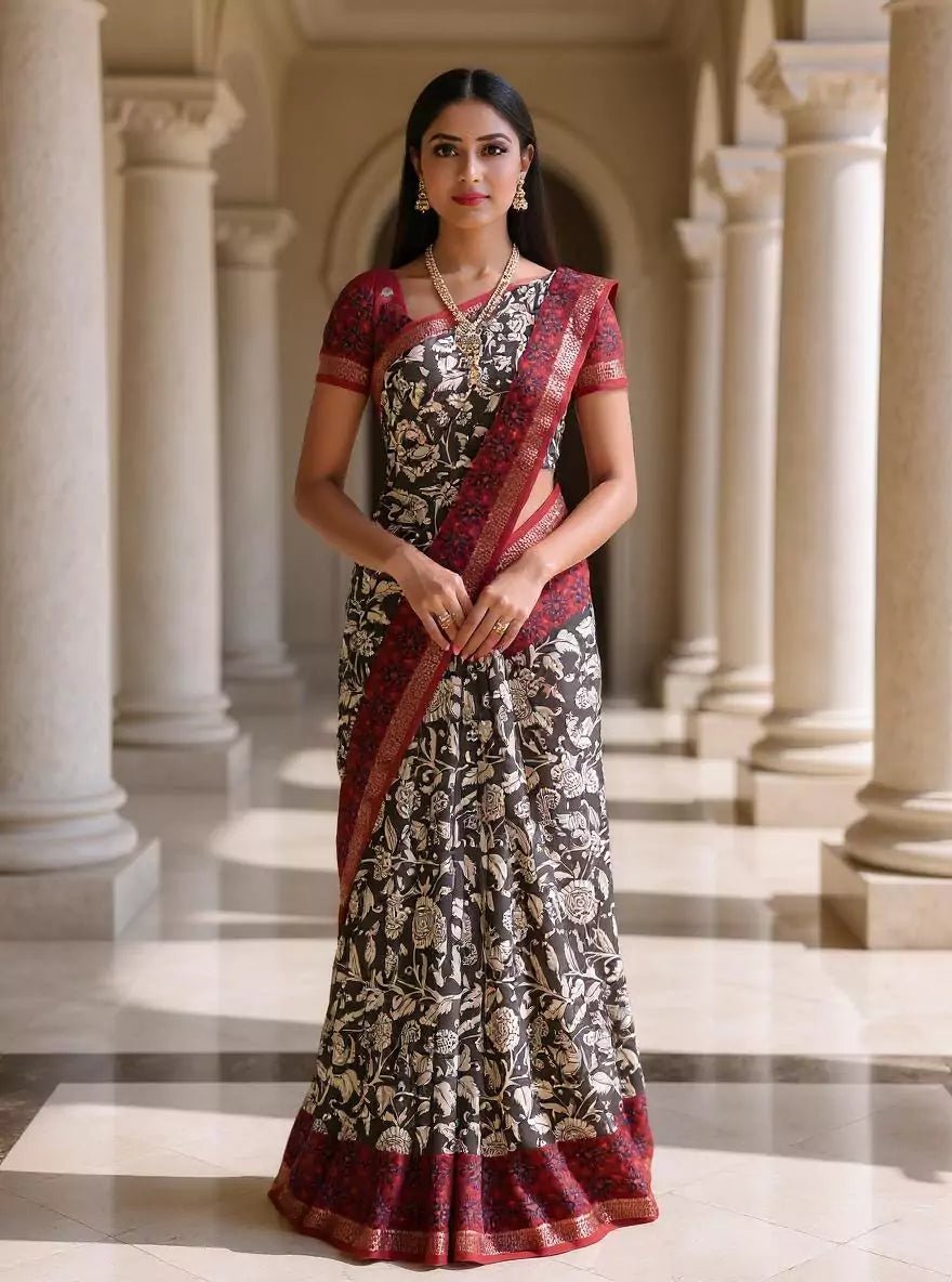 Image of Dark Grey Floral Design Dola Silk Saree with Tussels - South India Shopping Mall