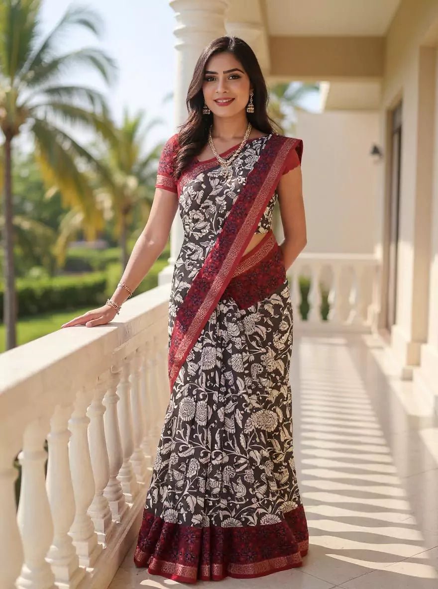 Image of Dark Grey Floral Design Dola Silk Saree with Tussels - South India Shopping Mall