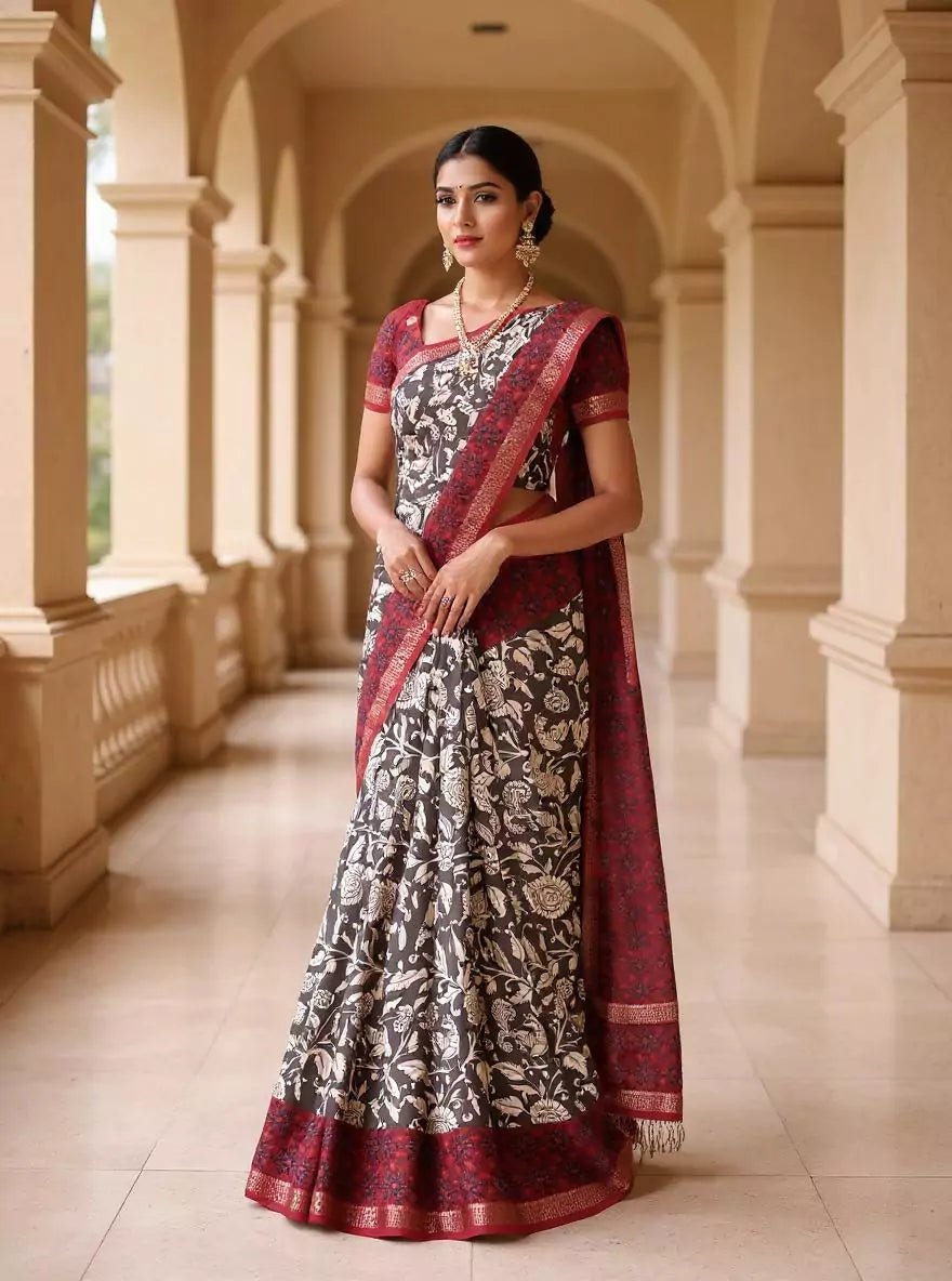 Image of Dark Grey Floral Design Dola Silk Saree with Tussels - South India Shopping Mall