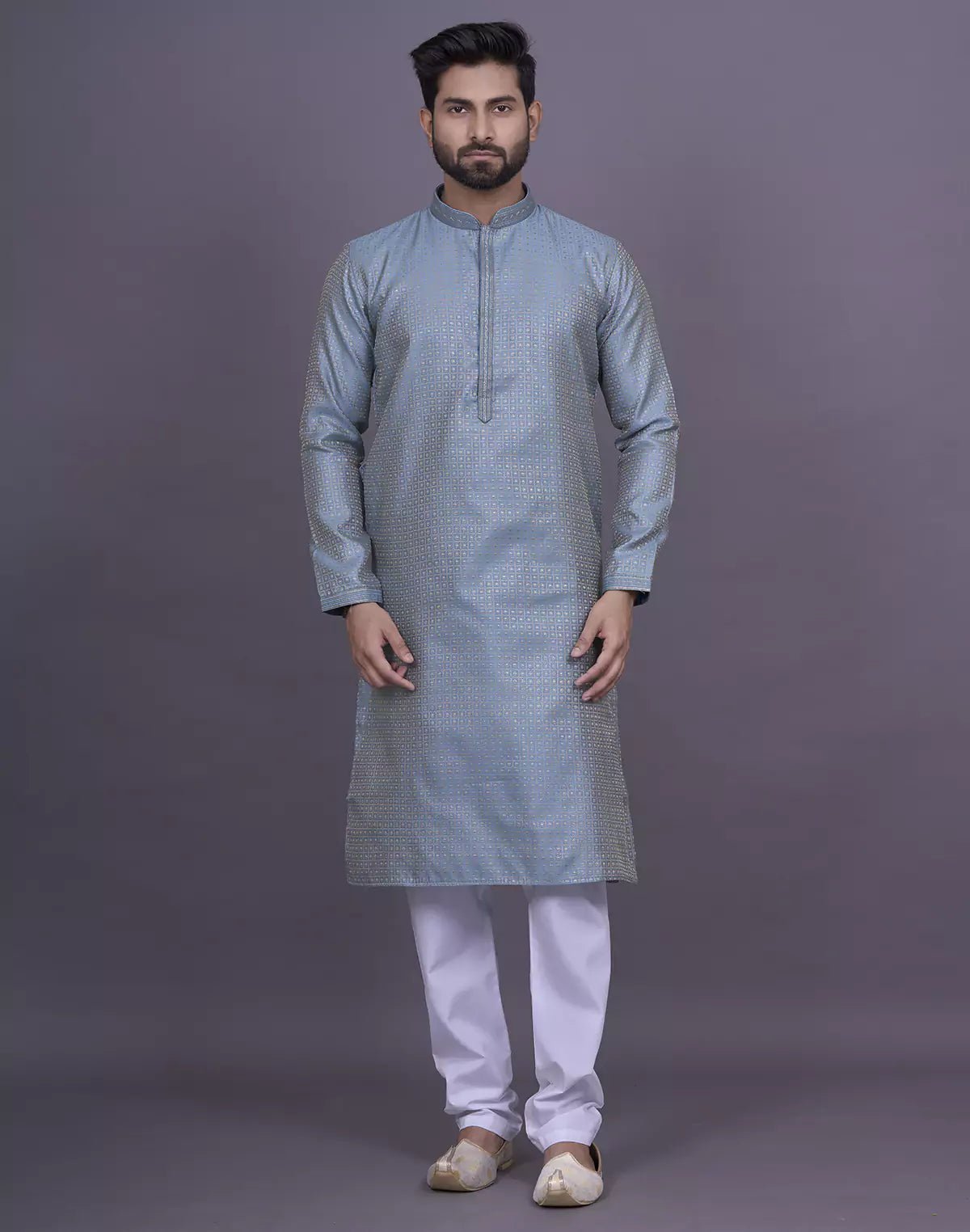 Image of Dark Grey Jacquard Kurta Pyjama Set - South India Shopping Mall