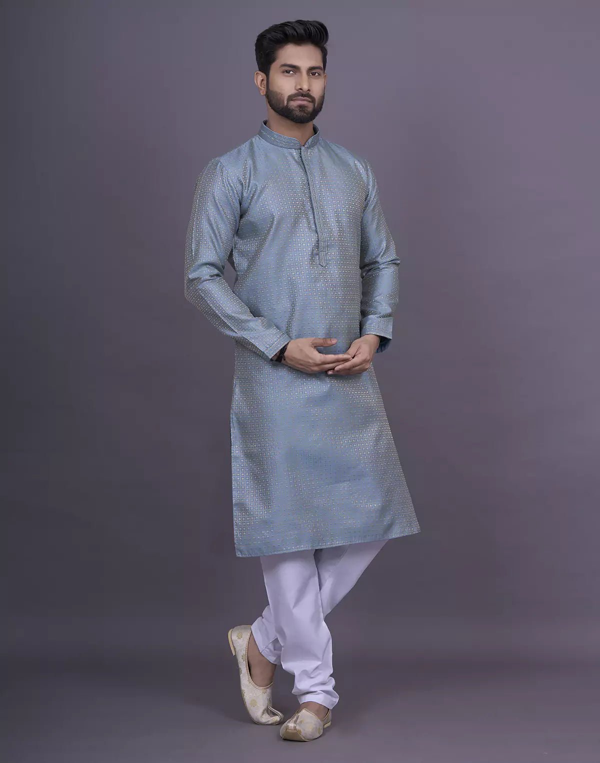 Image of Dark Grey Jacquard Kurta Pyjama Set - South India Shopping Mall