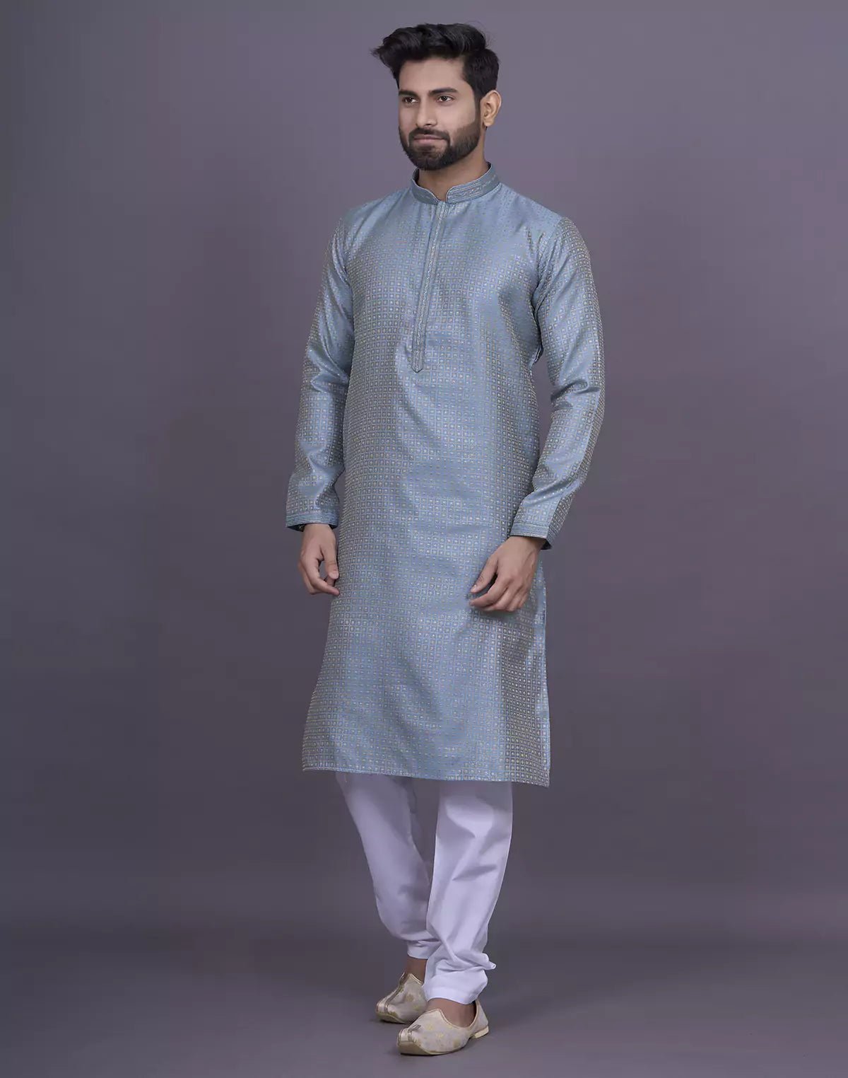 Image of Dark Grey Jacquard Kurta Pyjama Set - South India Shopping Mall