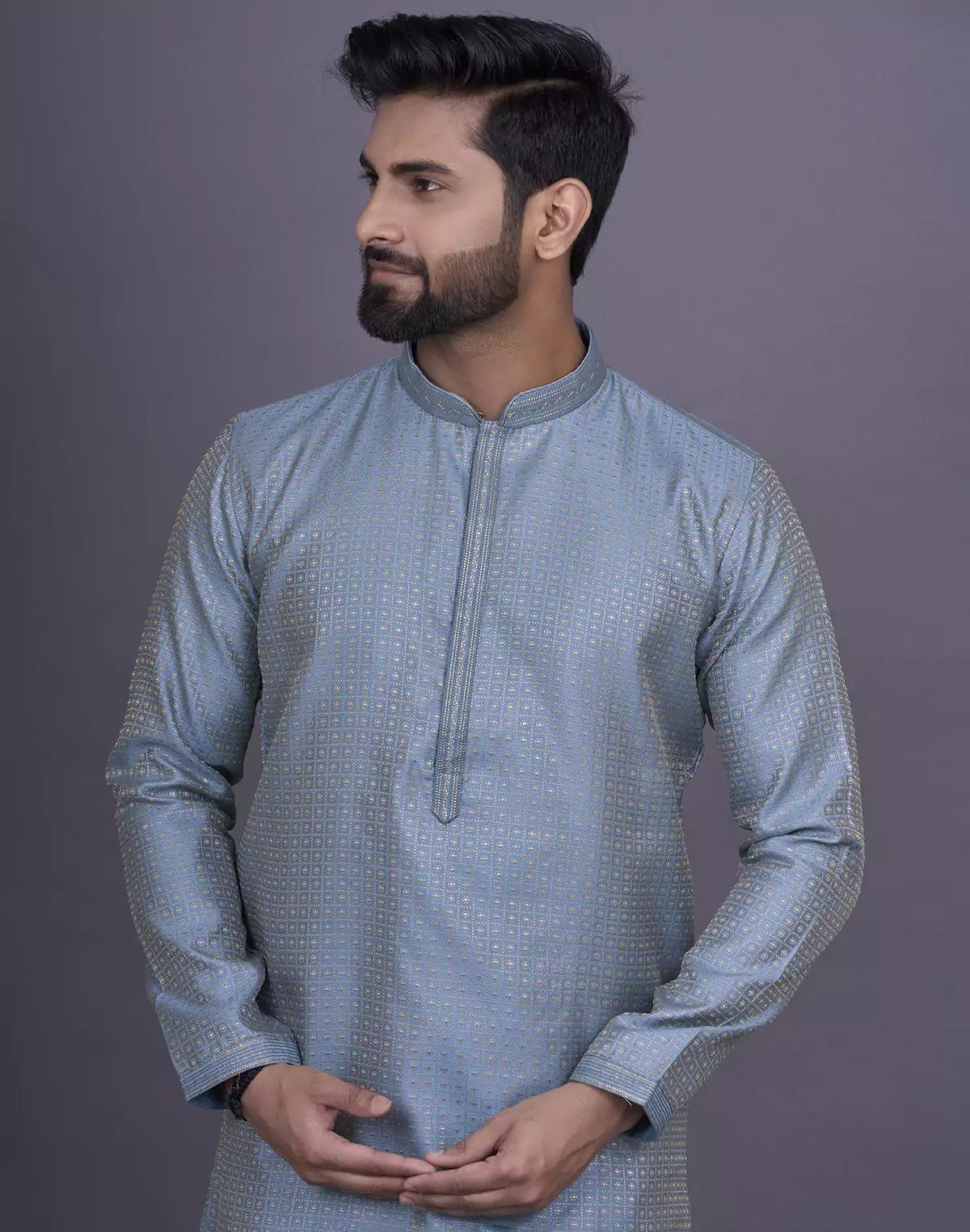 Image of Dark Grey Jacquard Kurta Pyjama Set - South India Shopping Mall