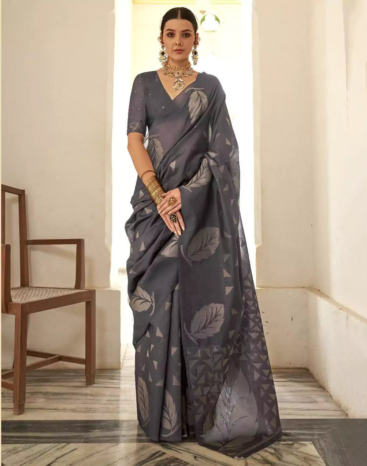 Image of Dark Grey Organza Self Blouse Party Wear Saree - South India Shopping Mall
