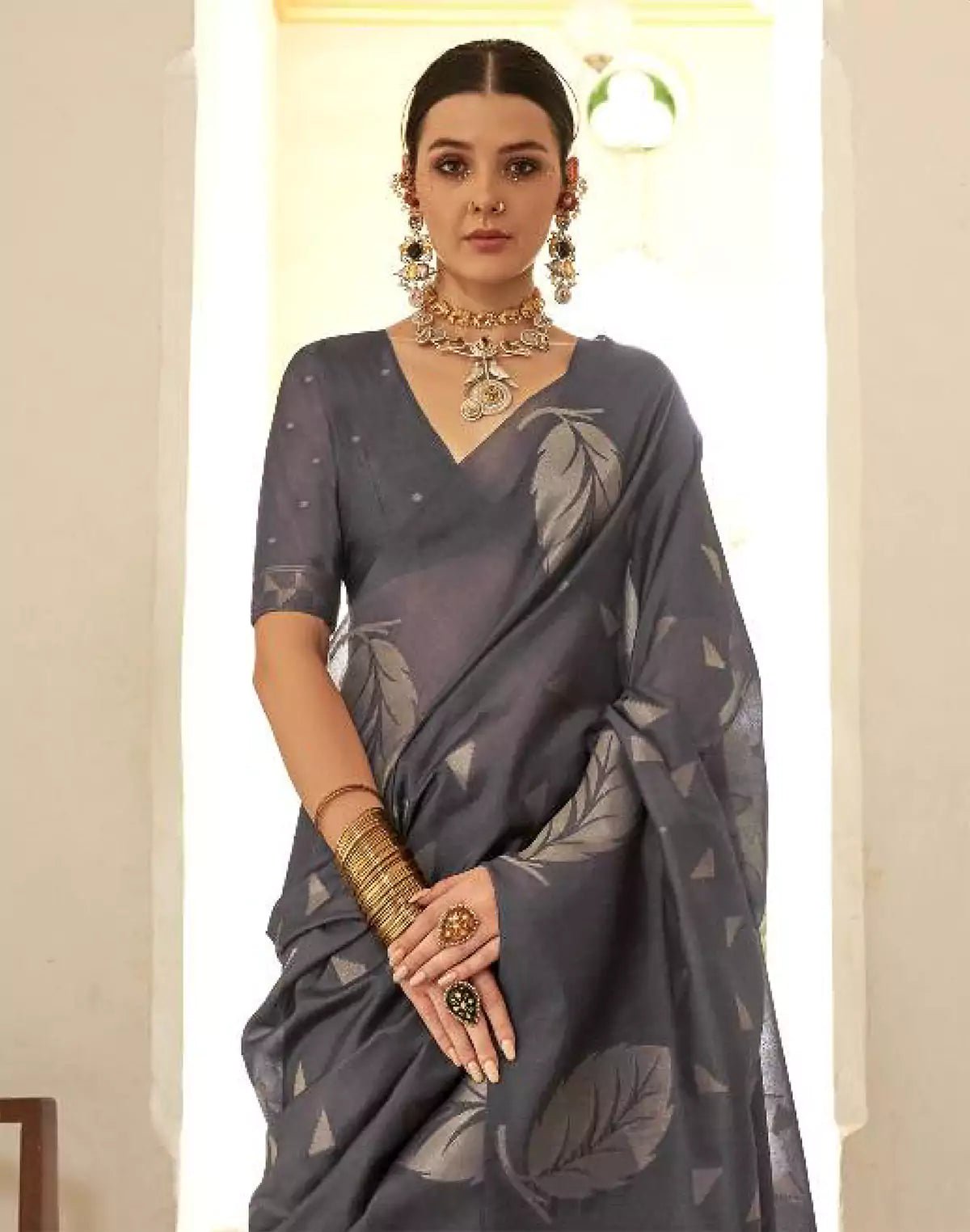 Image of Dark Grey Organza Self Blouse Party Wear Saree - South India Shopping Mall