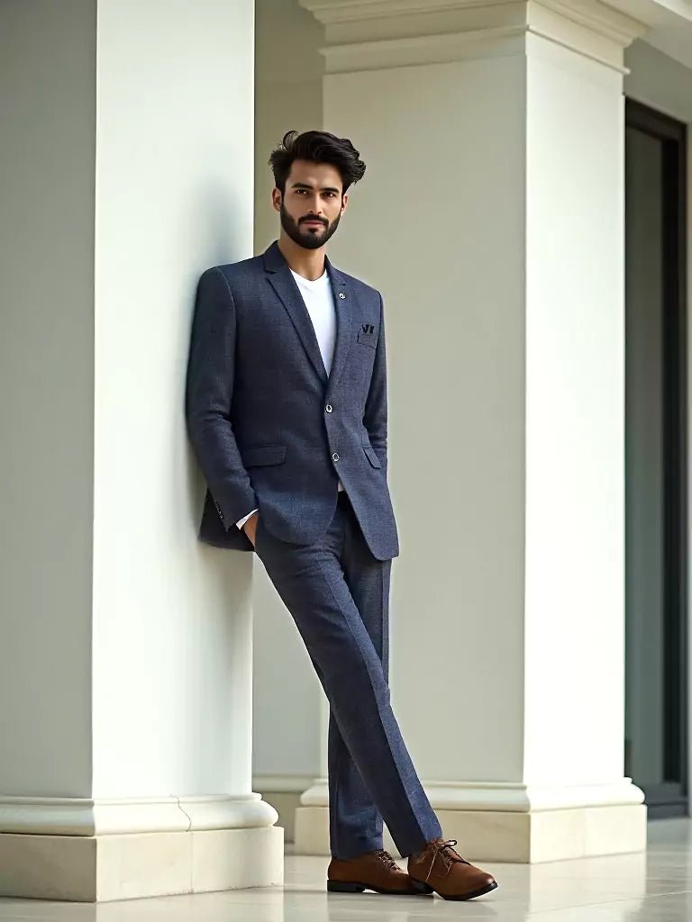 Image of Dark Grey Self Checks Suede and Giza Cotton Blazer - South India Shopping Mall