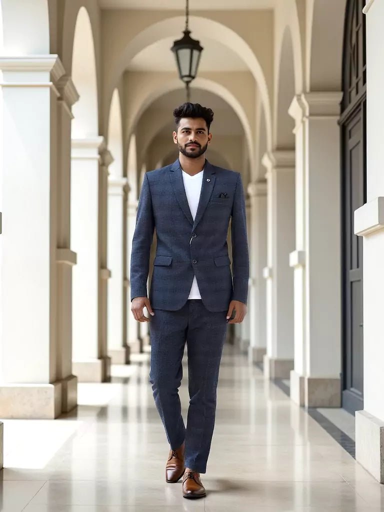 Image of Dark Grey Self Checks Suede and Giza Cotton Blazer - South India Shopping Mall