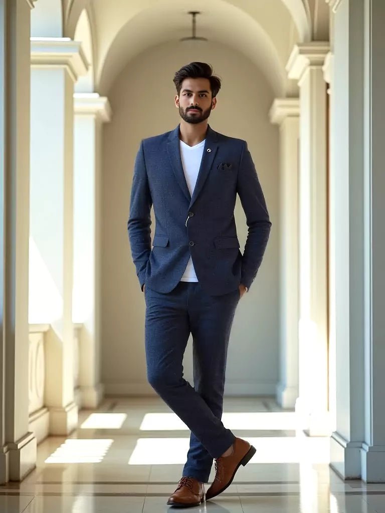 Image of Dark Grey Self Checks Suede and Giza Cotton Blazer - South India Shopping Mall