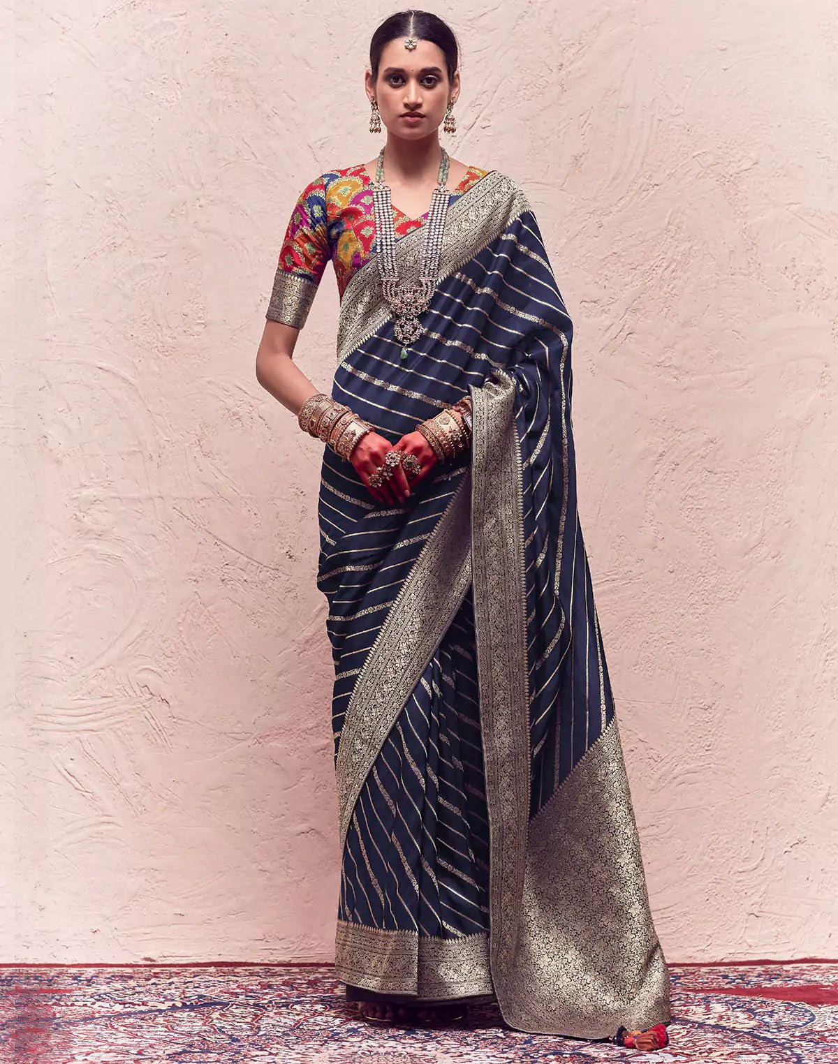 Image of Dark Navy Blue Banarasi Crepe Silk Saree With Designer Blouse - South India Shopping Mall