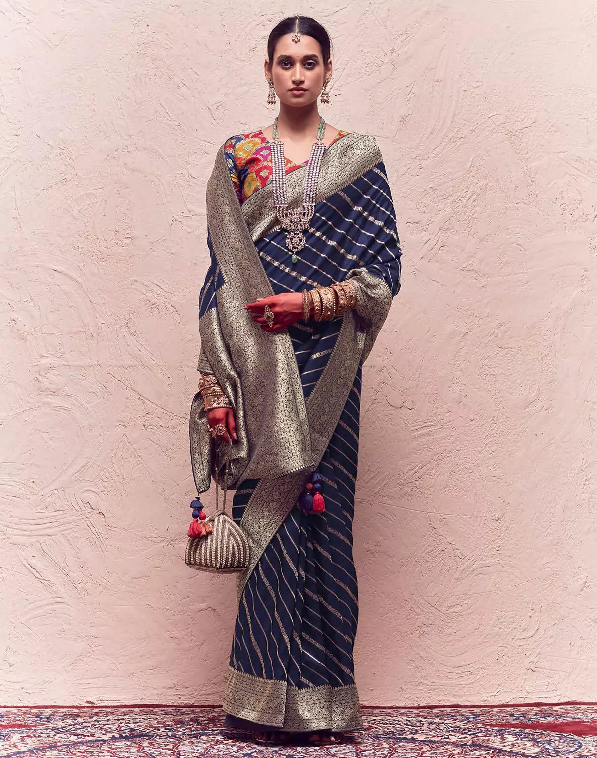 Image of Dark Navy Blue Banarasi Crepe Silk Saree With Designer Blouse - South India Shopping Mall