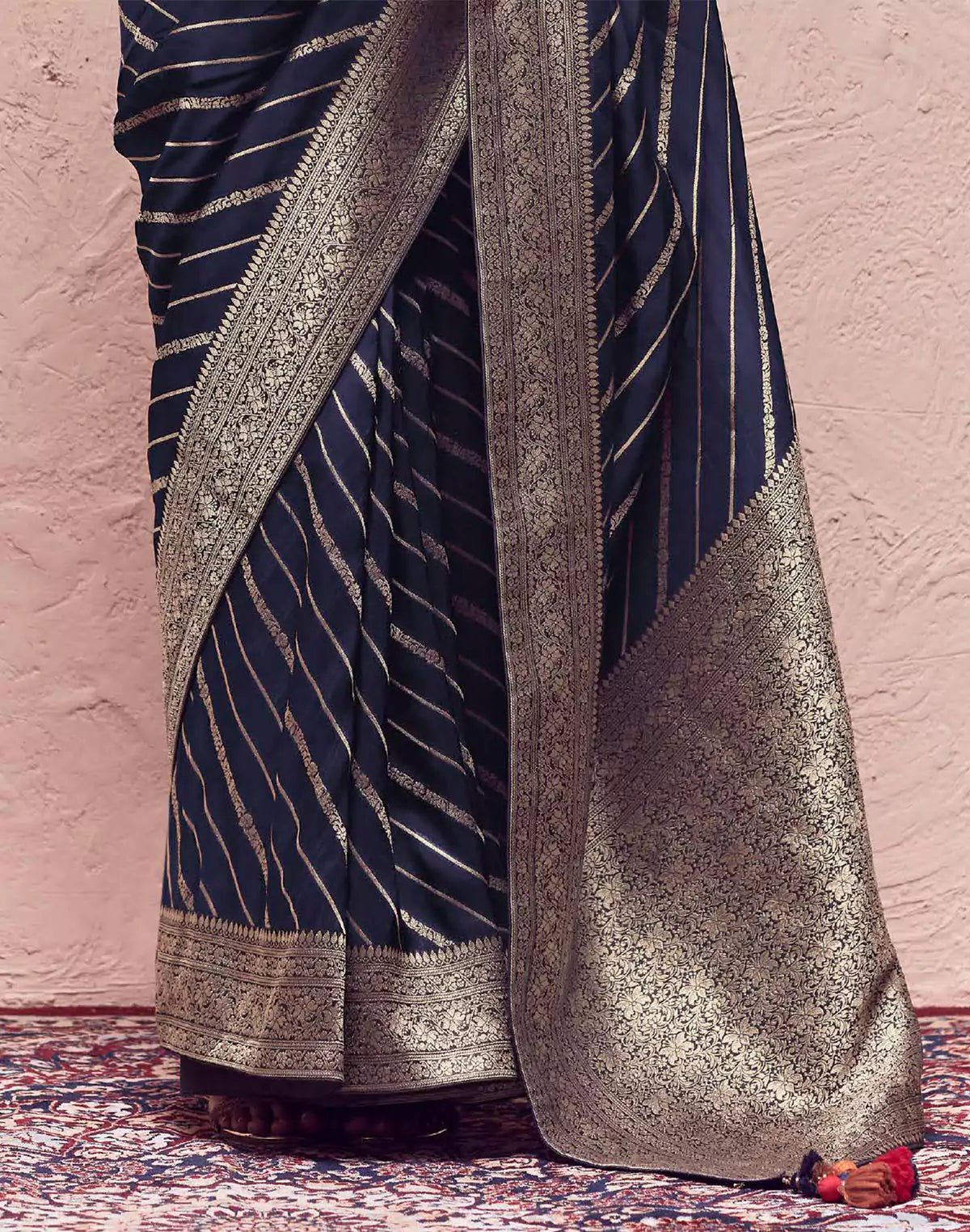 Image of Dark Navy Blue Banarasi Crepe Silk Saree With Designer Blouse - South India Shopping Mall