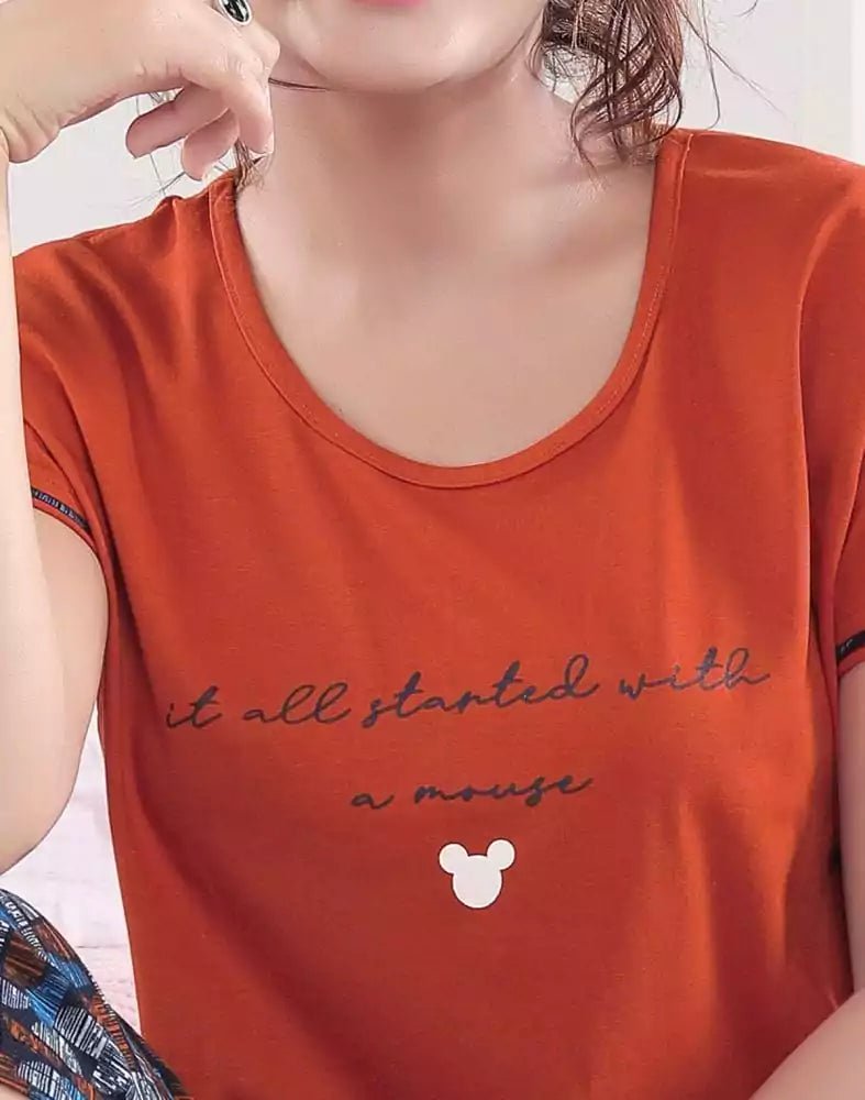 Image of Dark Orange Coloured Typography Cotton Printed Capri Set - South India Shopping Mall