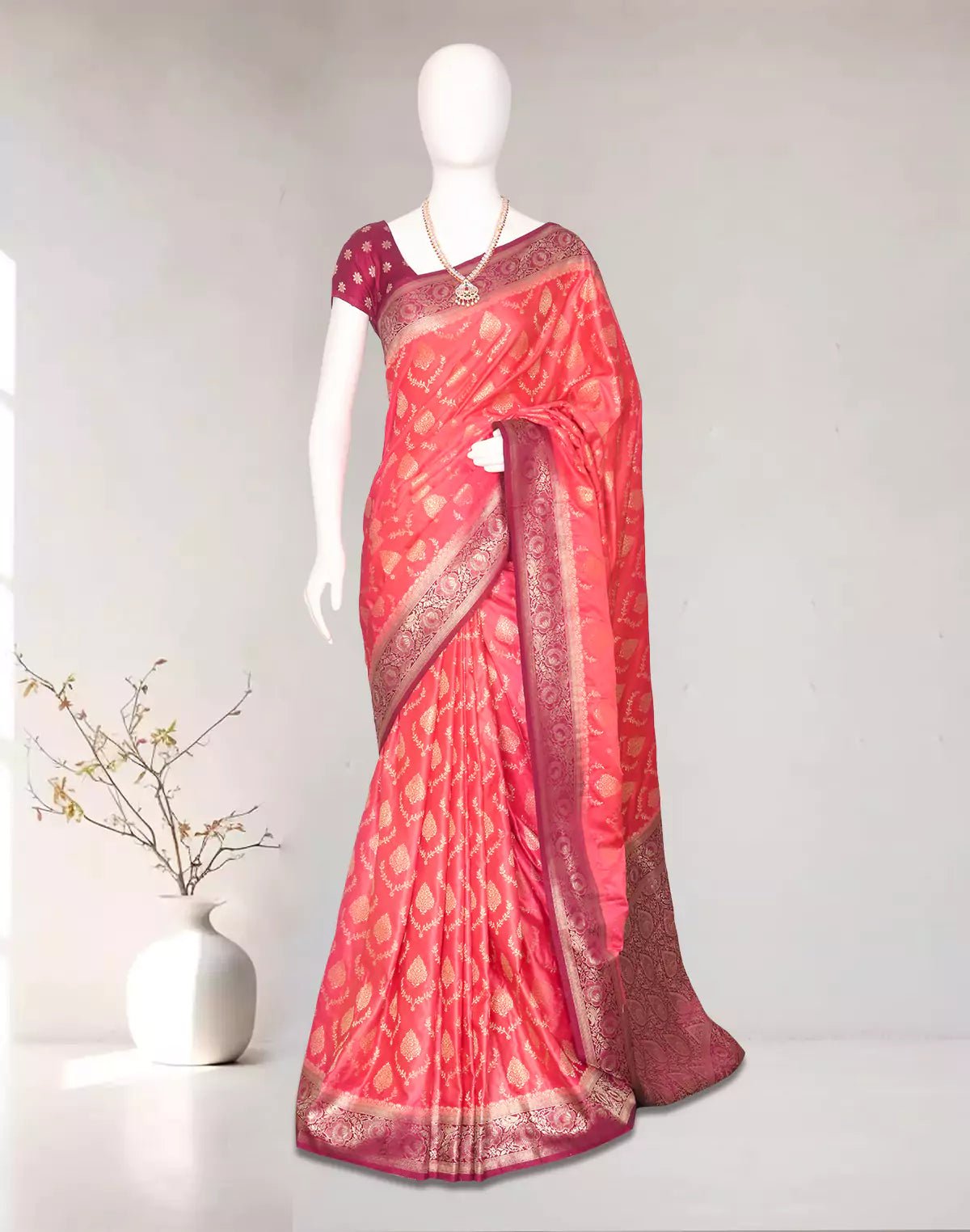 Image of Dark Orange Floral Satan Softy Zari Jaal Banarasi Mushroom Silk Saree - South India Shopping Mall