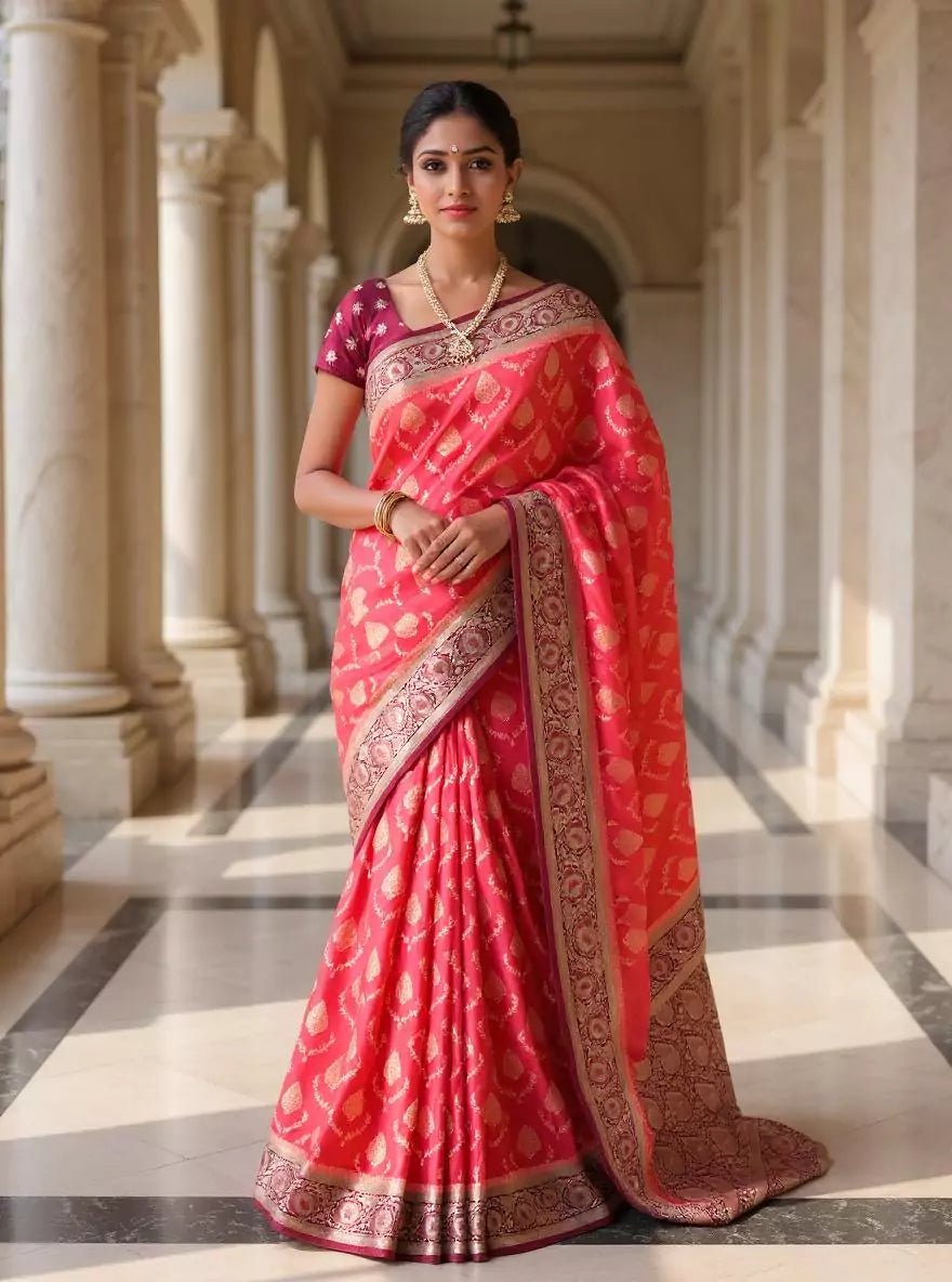 Image of Dark Orange Floral Satan Softy Zari Jaal Banarasi Mushroom Silk Saree - South India Shopping Mall