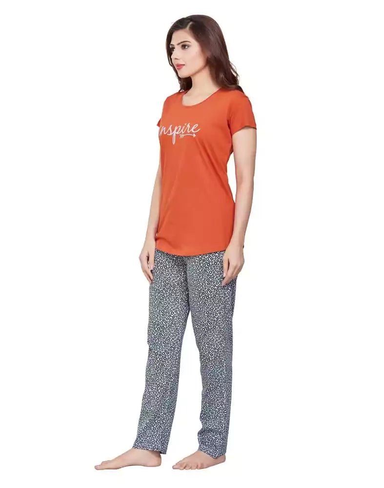 Image of Dark Orange Typography Cotton Printed Night Wear - South India Shopping Mall