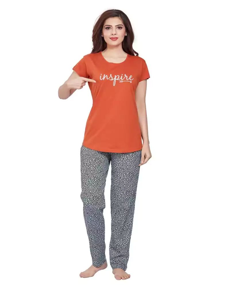 Image of Dark Orange Typography Cotton Printed Night Wear - South India Shopping Mall