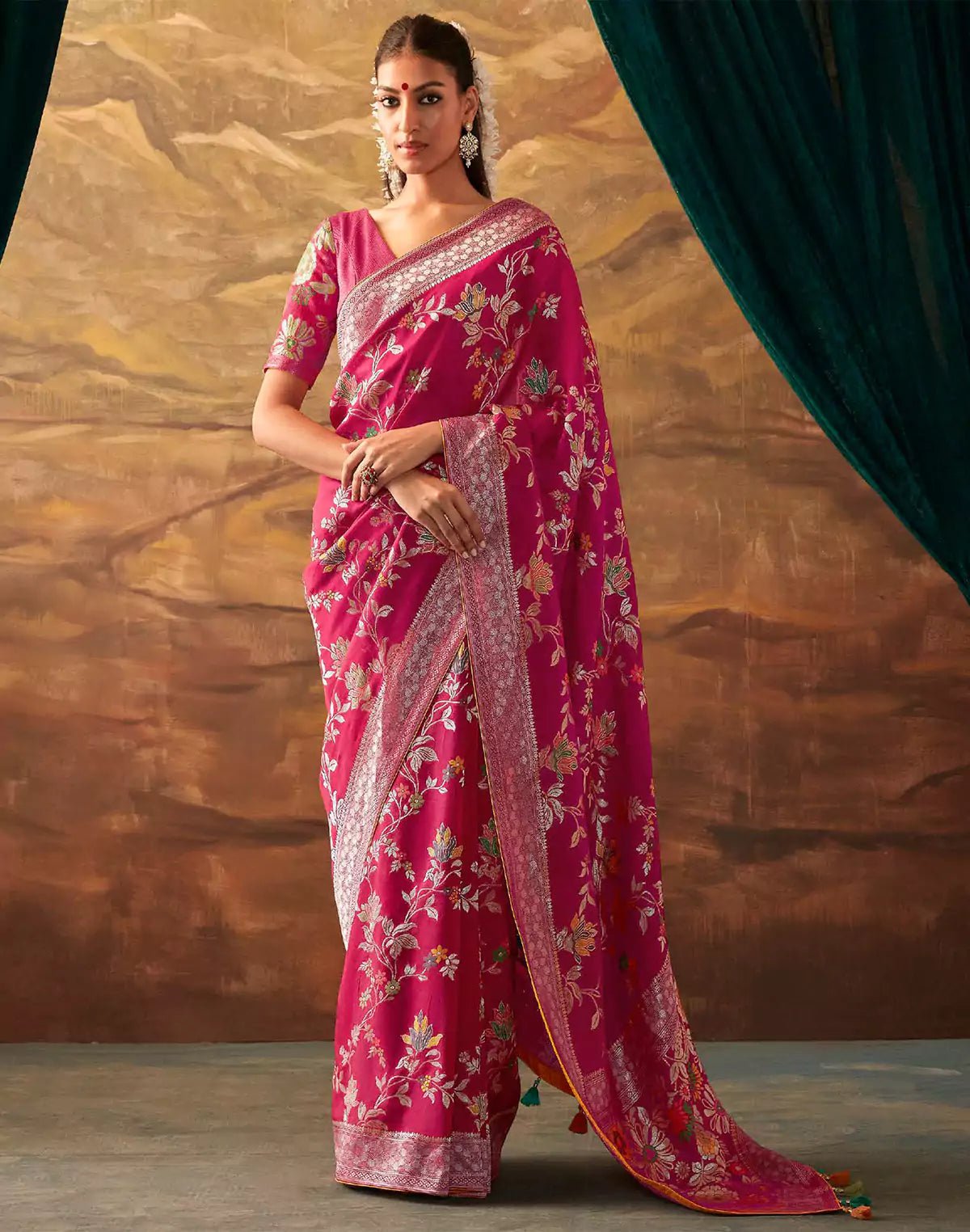 Image of Dark Pink Floral Paithani Design Banarasi Dola Silk Saree With Self Blouse - South India Shopping Mall