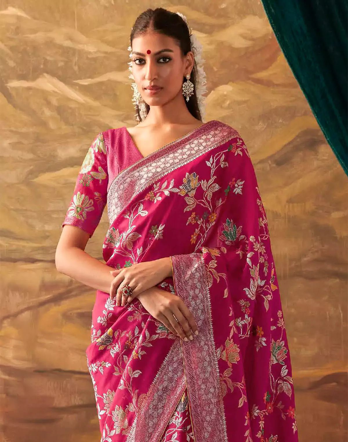 Dark Pink Floral Paithani Design Banarasi Dola Silk Saree With Self Blouse - South India Shopping Mall