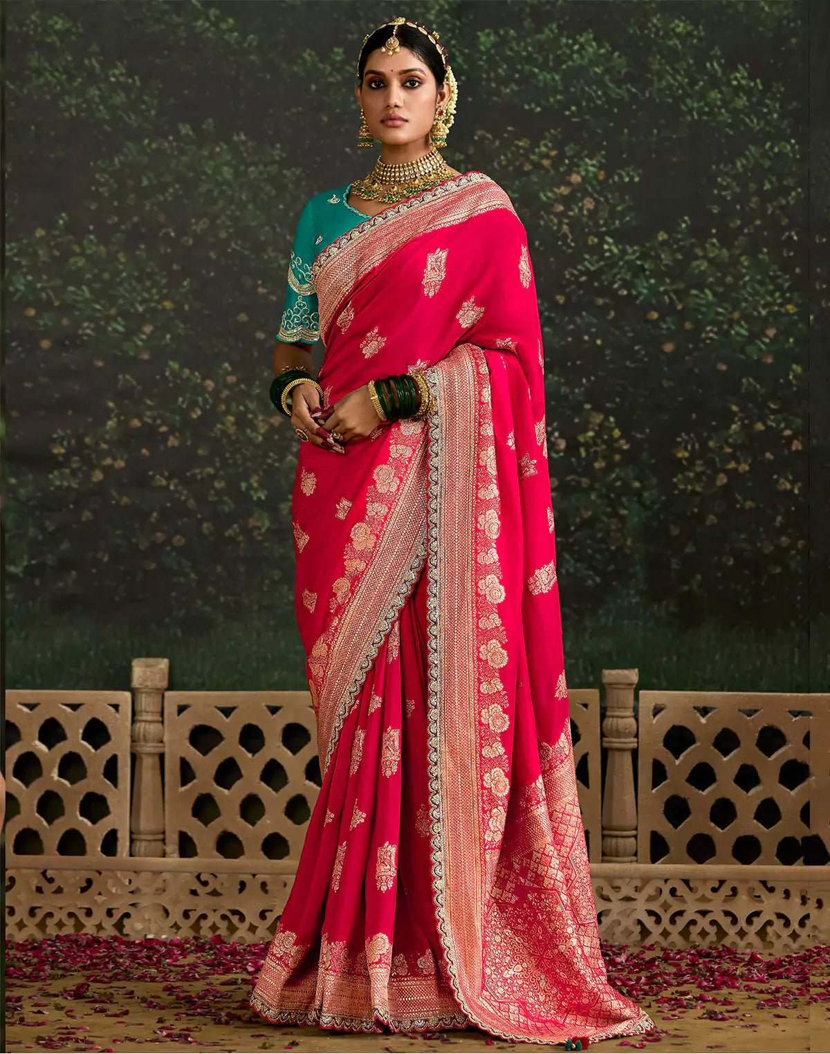 Image of Dark Pink Floral Pure Dola Silk Saree With Contrast Work Blouse - South India Shopping Mall