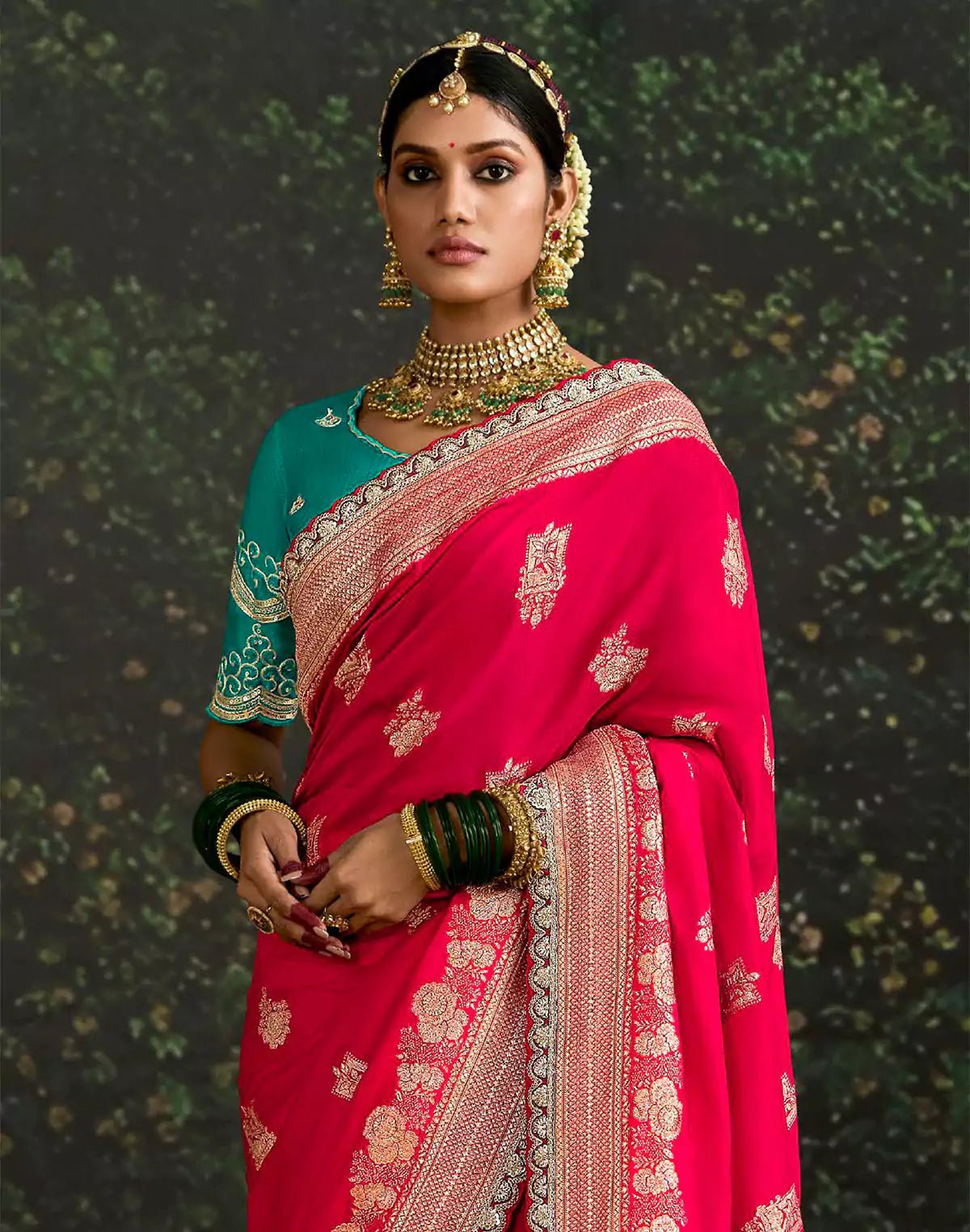 Image of Dark Pink Floral Pure Dola Silk Saree With Contrast Work Blouse - South India Shopping Mall