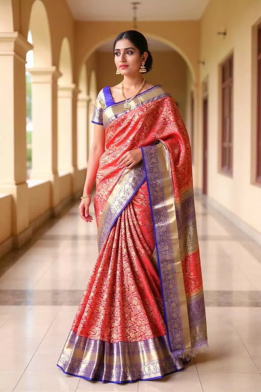 Image of Dark Pink Kanchi Bridal Silk Saree with Floral Golden Zari - South India Shopping Mall
